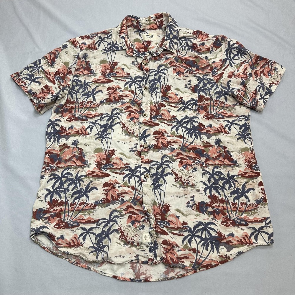 Marine Layer Shirt Mens Large Tropical Scenic Palm Linen Cotton Aloha Beach